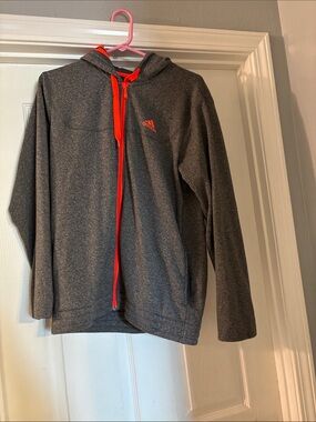 adidas Kids Dark Gray Zip Hoodie with Neon Orange Trim